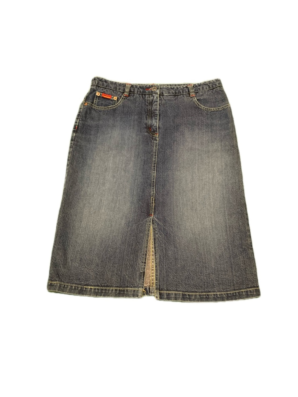 Y2K BCBG Max Azria denim midi skirt with a front slit and pockets. Size: 8 (W30)